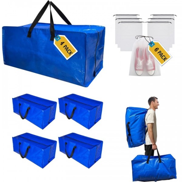 4 Packs Heavy Duty Extra Large Moving Bags with Backpack Straps & 6 Packs Shoe Bags Moving Supply Combo, Moving Totes with Handles & Zippers for Space Saving, Clothes Storage Containers