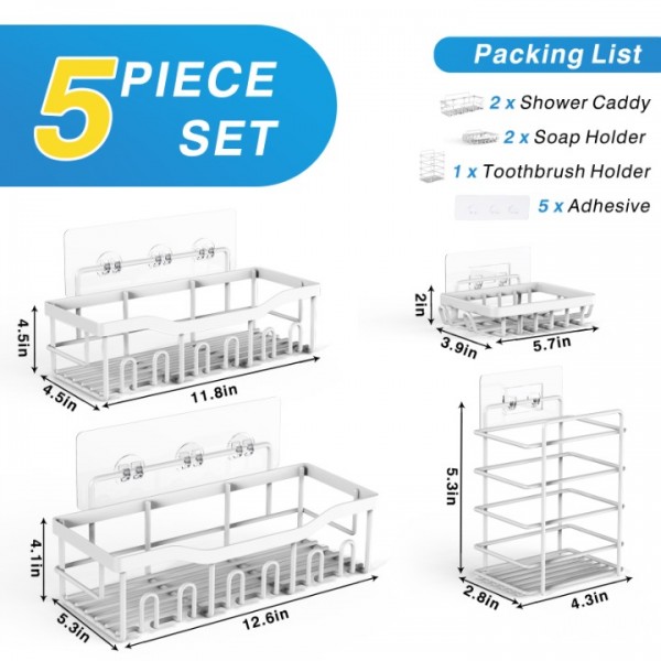Shower Caddy 5 Pack,Adhesive Shower Organizer for Bathroom Storage&Home Decor&Kitchen,No Drilling,Large Capacity,Rustproof Stainless Steel Bathroom Organizer,Shower Shelves for Inside Shower
