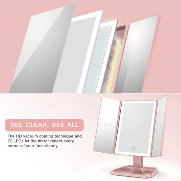 AirExpect Makeup Mirror Vanity Mirror with 1 x 2 X 3 X Magnification Vanity Mirror with 72 LEDs Touch Control Dual Power Supply Portable Cosmetic Mirror, Women Gift, Pink