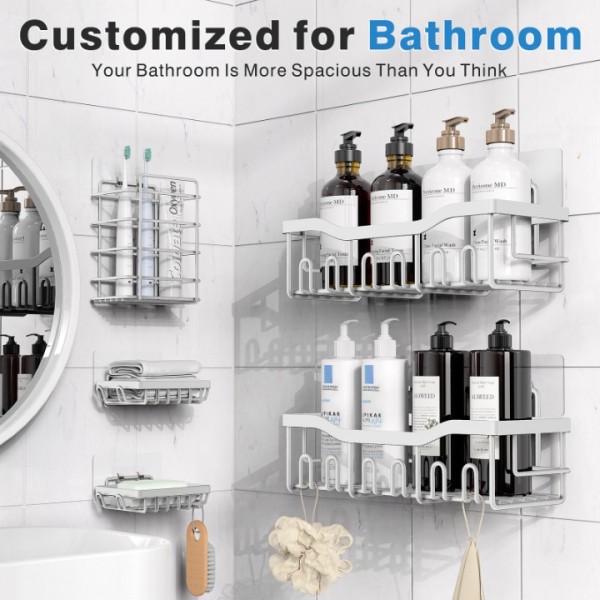 Shower Caddy 5 Pack,Adhesive Shower Organizer for Bathroom Storage&Home Decor&Kitchen,No Drilling,Large Capacity,Rustproof Stainless Steel Bathroom Organizer,Shower Shelves for Inside Shower