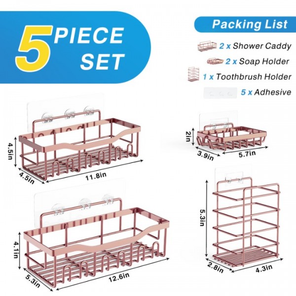 Shower Caddy 5 Pack,Adhesive Shower Organizer for Bathroom Storage&Home Decor&Kitchen,No Drilling,Large Capacity,Rustproof Stainless Steel Bathroom Organizer,Shower Shelves for Inside Shower