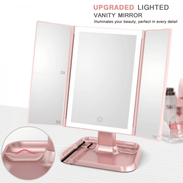 AirExpect Makeup Mirror Vanity Mirror with 1 x 2 X 3 X Magnification Vanity Mirror with 72 LEDs Touch Control Dual Power Supply Portable Cosmetic Mirror, Women Gift, Pink