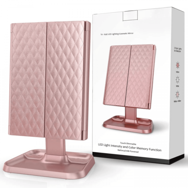 AirExpect Makeup Mirror Vanity Mirror with 1 x 2 X 3 X Magnification Vanity Mirror with 72 LEDs Touch Control Dual Power Supply Portable Cosmetic Mirror, Women Gift, Pink