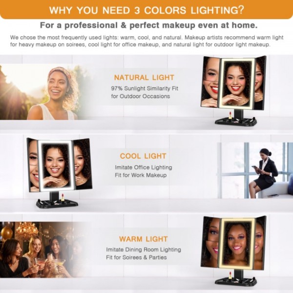 AirExpect 3 Color Lighted Makeup 1x 2X 3X Magnification Vanity 72 LEDs Touch Control Dual Power Supply Portable Cosmetic Mirror, Black