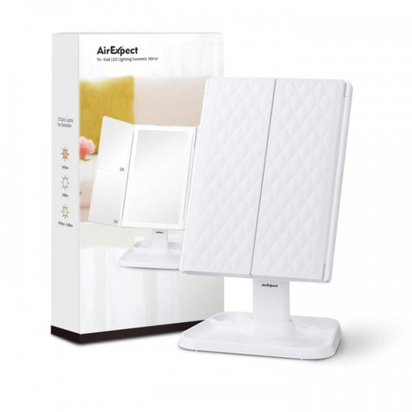 AirExpect 3 Color Lighted 1x 2X 3X Magnification 72LED Lights Touch Control Dual Power Supply Portable Cosmetic Vanity Makeup Mirror, White