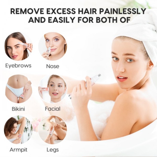 Women Electric Shaver Rechargeable Razor for Women 4 in 1 Waterproof Painless Epilator Nose Hair Removal Remover Facial Body Bikini Eyebrow Beard Sideburn Mustache Trimmer Clipper Lady Grooming Kit