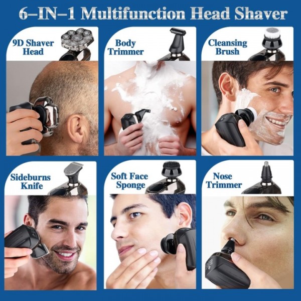 9D Electric Head Shaver for Bald Men, 6-In-1 Mens Elctric Razor, Rechargeable Electric Shavers Waterproof Wet/Dry Mens Grooming Kit