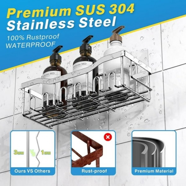 Shower Caddy 5 Pack, Adhesive Shower Organizer for Bathroom & Kitchen, No Drilling, Large Capacity, Rustproof SUS304 Stainless Steel Bathroom Organizer, Bathroom Accessories, Silver