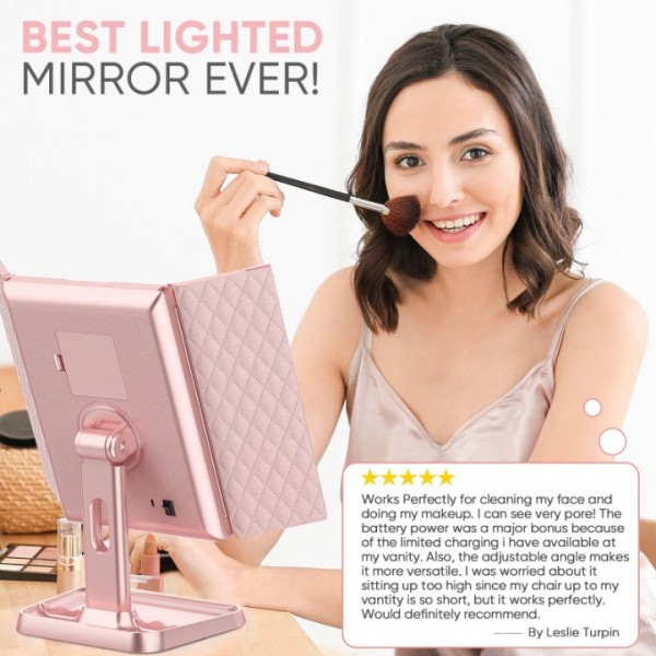 Makeup Mirror Vanity Mirror with Lights and Magnification, 3 Color Lighted Cosmetic Trifold Mirror with 72LEDs Touch Control(Pink)