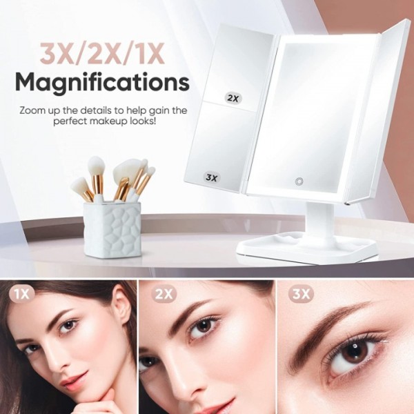 Makeup Mirror Vanity Mirror with Lights and Magnification, Touch Control Trifold Mirror, Portable Cosmetic Lighted up Mirror with 3 Color Lighting Modes 72 LED, White