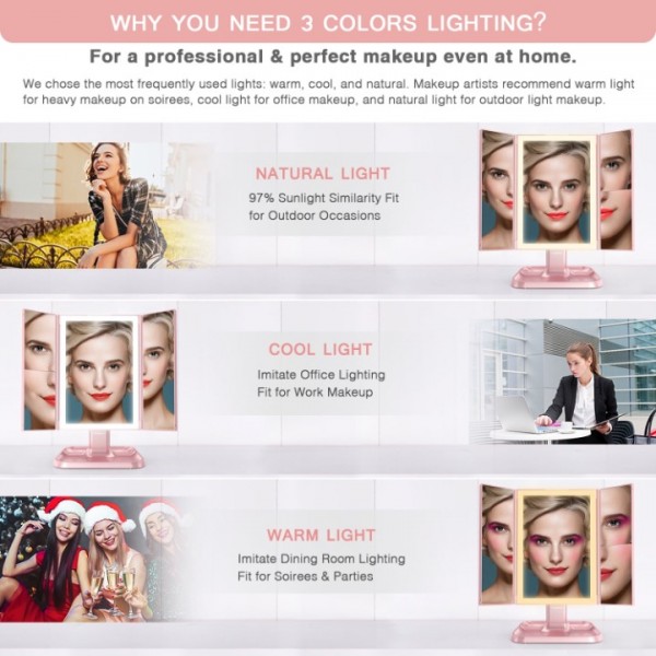 Makeup Mirror Vanity Mirror with Lights and Magnification, 3 Color Lighted Cosmetic Trifold Mirror with 72LEDs Touch Control(Pink)