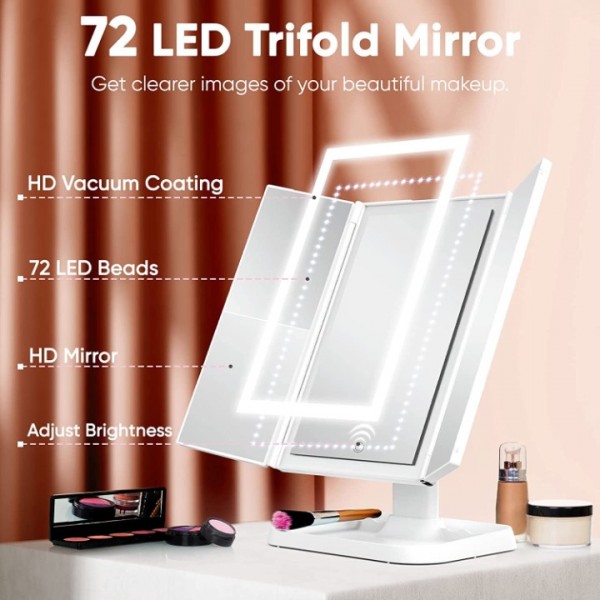 Makeup Mirror Vanity Mirror with Lights and Magnification, Touch Control Trifold Mirror, Portable Cosmetic Lighted up Mirror with 3 Color Lighting Modes 72 LED, White