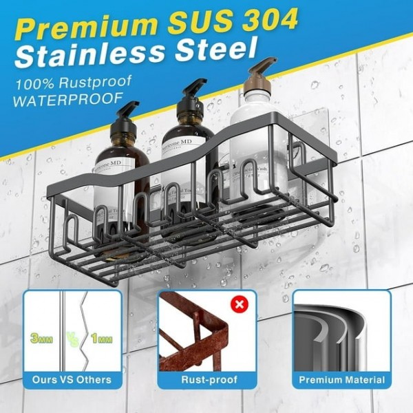 Shower Caddy 5 Pack, Adhesive Shower Organizer for Bathroom & Kitchen, No Drilling, Large Capacity, Rustproof SUS304 Stainless Steel Bathroom Organizer, Bathroom Accessories, Gray