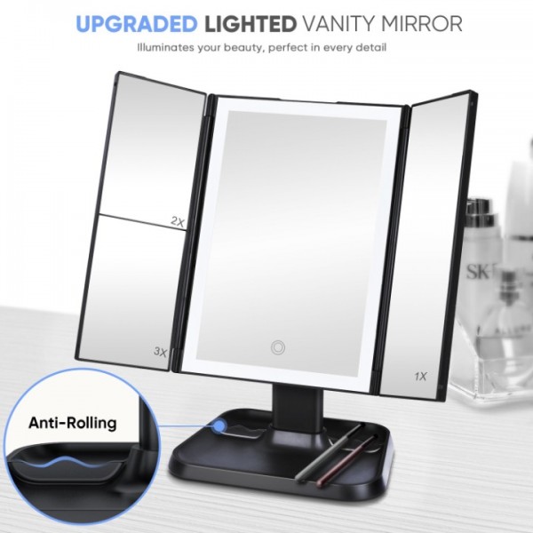 Fitfort Makeup Vanity Mirror with Lights and Magnification, Foldable Trifold Mirror, Portable Lighted up Mirror with 72 LED, Black