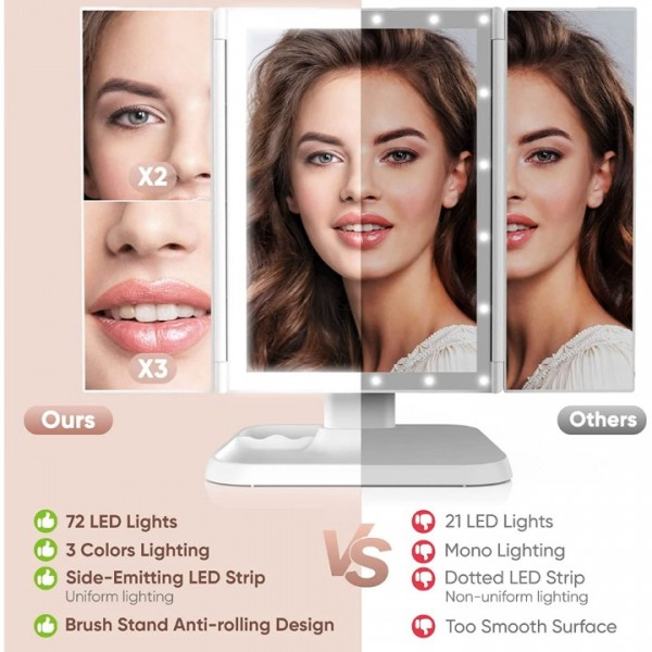 Makeup Mirror Vanity Mirror with Lights and Magnification, Touch Control Trifold Mirror, Portable Cosmetic Lighted up Mirror with 3 Color Lighting Modes 72 LED, White