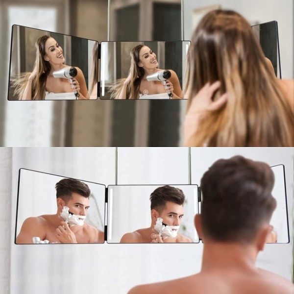 3 Way Mirror, 360 Trifold Mirror with Height Adjustable Telescoping Hooks,and 5X Magnification Mirror for Makeup, Hair Styling, Hair Cutting