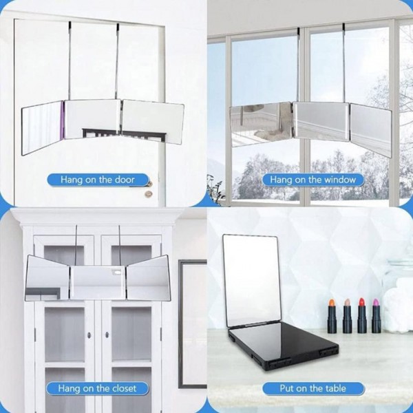 3 Way Mirror, 360 Trifold Mirror with Height Adjustable Telescoping Hooks,and 5X Magnification Mirror for Makeup, Hair Styling, Hair Cutting
