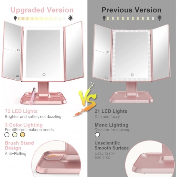Makeup Mirror Vanity Mirror with Lights and Magnification, 3 Color Lighted Cosmetic Trifold Mirror with 72LEDs Touch Control(Pink)