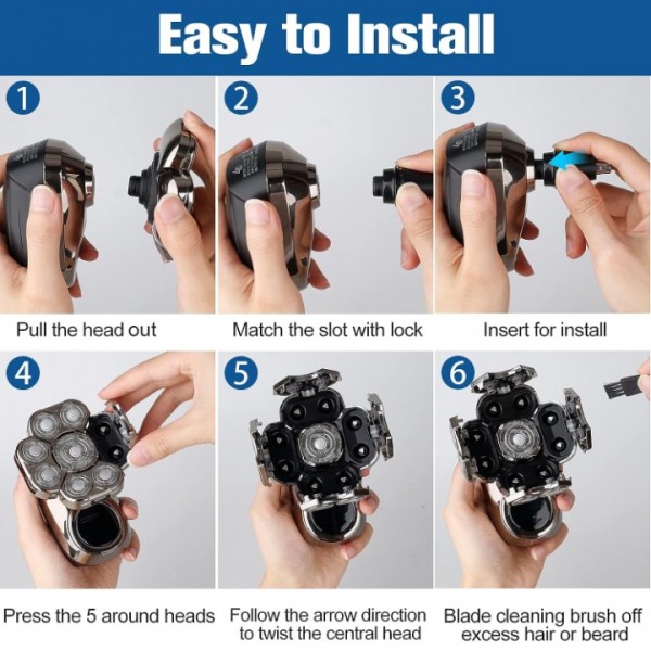 9D Electric Head Shaver for Bald Men, 6-In-1 Mens Elctric Razor, Rechargeable Electric Shavers Waterproof Wet/Dry Mens Grooming Kit
