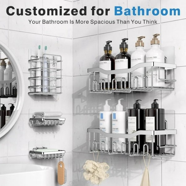 Shower Caddy 5 Pack, Adhesive Shower Organizer for Bathroom & Kitchen, No Drilling, Large Capacity, Rustproof SUS304 Stainless Steel Bathroom Organizer, Bathroom Accessories, Silver