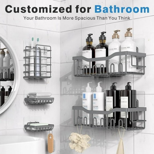 Shower Caddy 5 Pack, Adhesive Shower Organizer for Bathroom & Kitchen, No Drilling, Large Capacity, Rustproof SUS304 Stainless Steel Bathroom Organizer, Bathroom Accessories, Gray