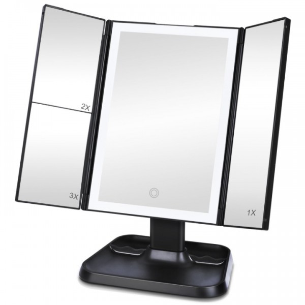 Fitfort Makeup Vanity Mirror with Lights and Magnification, Foldable Trifold Mirror, Portable Lighted up Mirror with 72 LED, Black